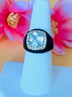 Large Black enamel and Gold Ring with clear CZ Accent adjustable size
